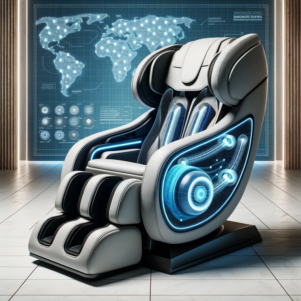 Cut-away view of a massage chair, showcasing its internal engineering and massage flow patterns.