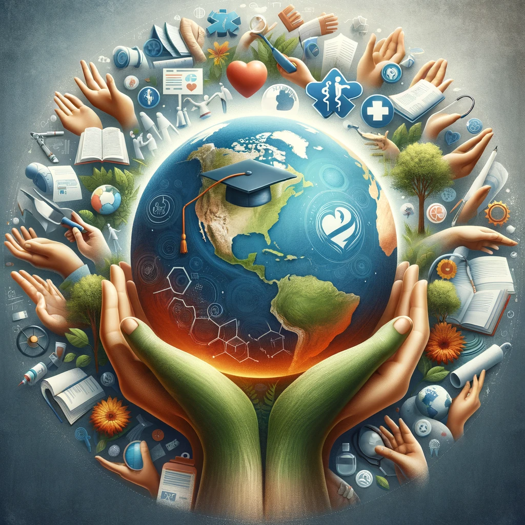 The image symbolizes the Everick Foundation's commitment to global change, featuring a globe surrounded by diverse hands, with segments depicting education (books and graduation cap), healthcare (stethoscope and heart), and environmental sustainability (trees and a river).